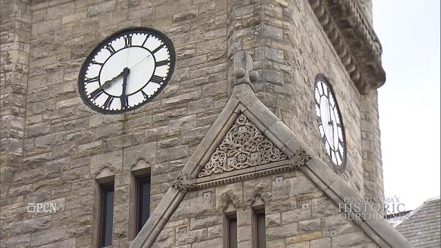 Closeup of Fayette County Courthouse clock tower