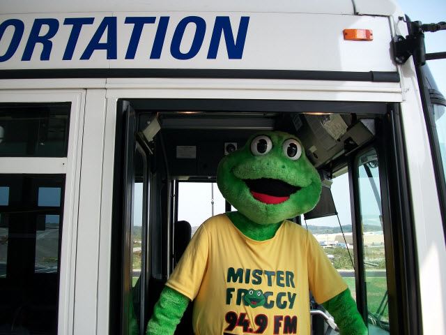 Frog mascot tries to enter the house