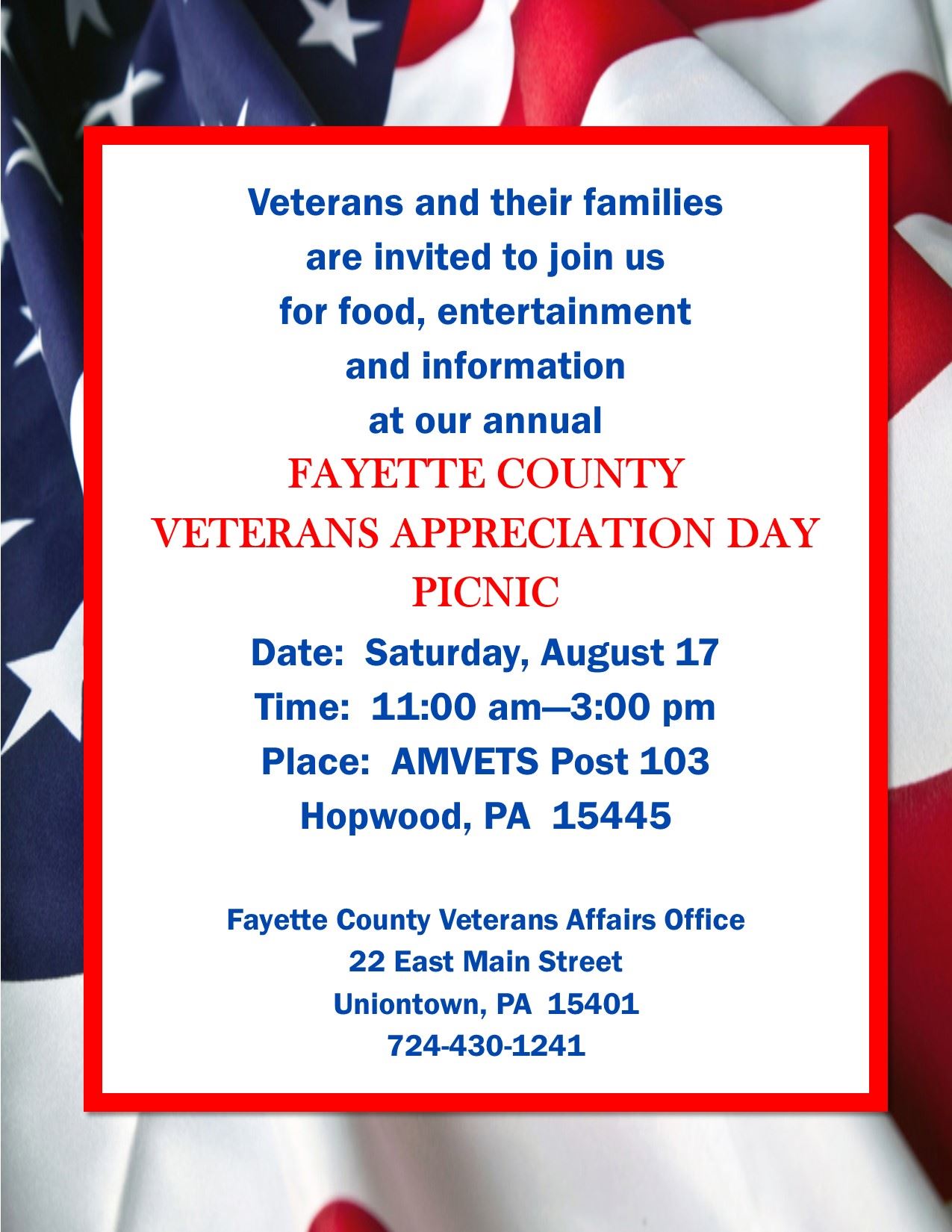 Flyer advertising Veterans Appreciation Day Picnic, Saturday, August 17 from 11-3 at AMVETS in Hopwo